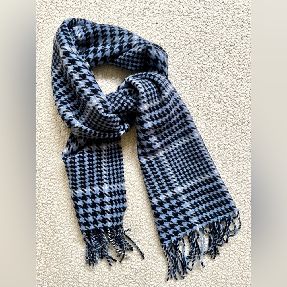 Blue & Black Plaid Wool Blend Scarf | Houndstooth-Inspired + Fringe